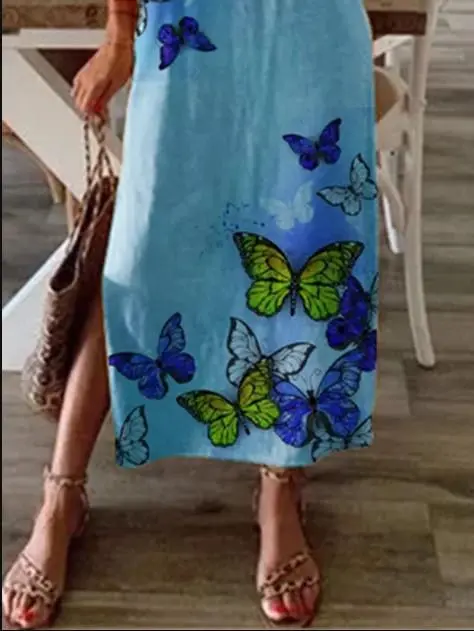 Butterfly Print Crew Neck Holiday Slit Dress
