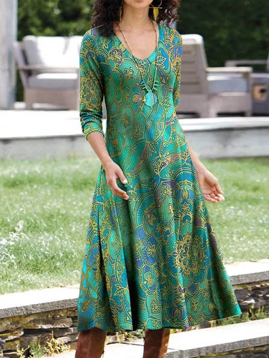 Casual Floral Print V Neck Long Sleeves Shift Dress
