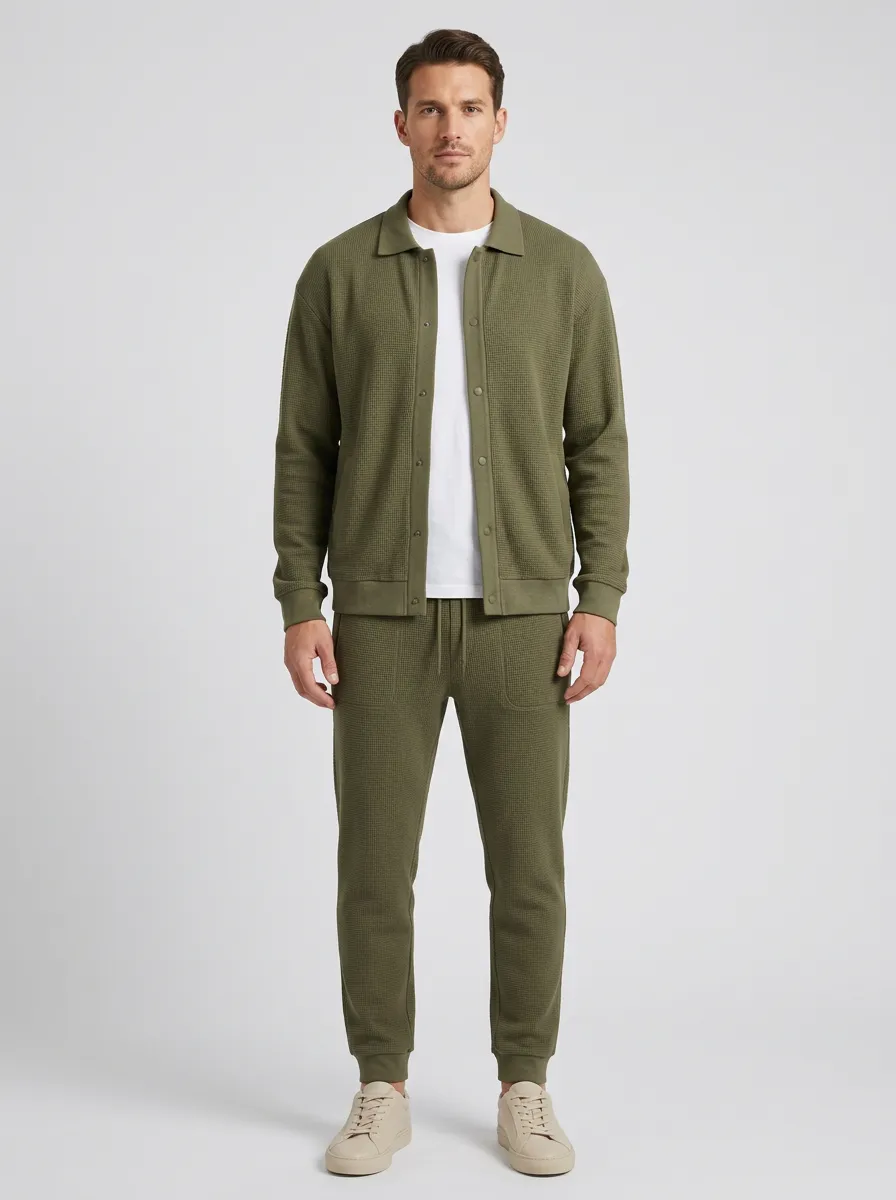 Men's Waffle Textured Button Detail Polo Collar Jacket and Jogger Pants Set