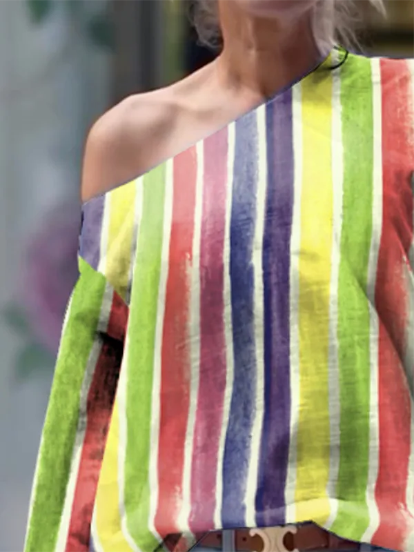 Long Sleeve Relaxed Contrast Stripe One Shoulder T-Shirt