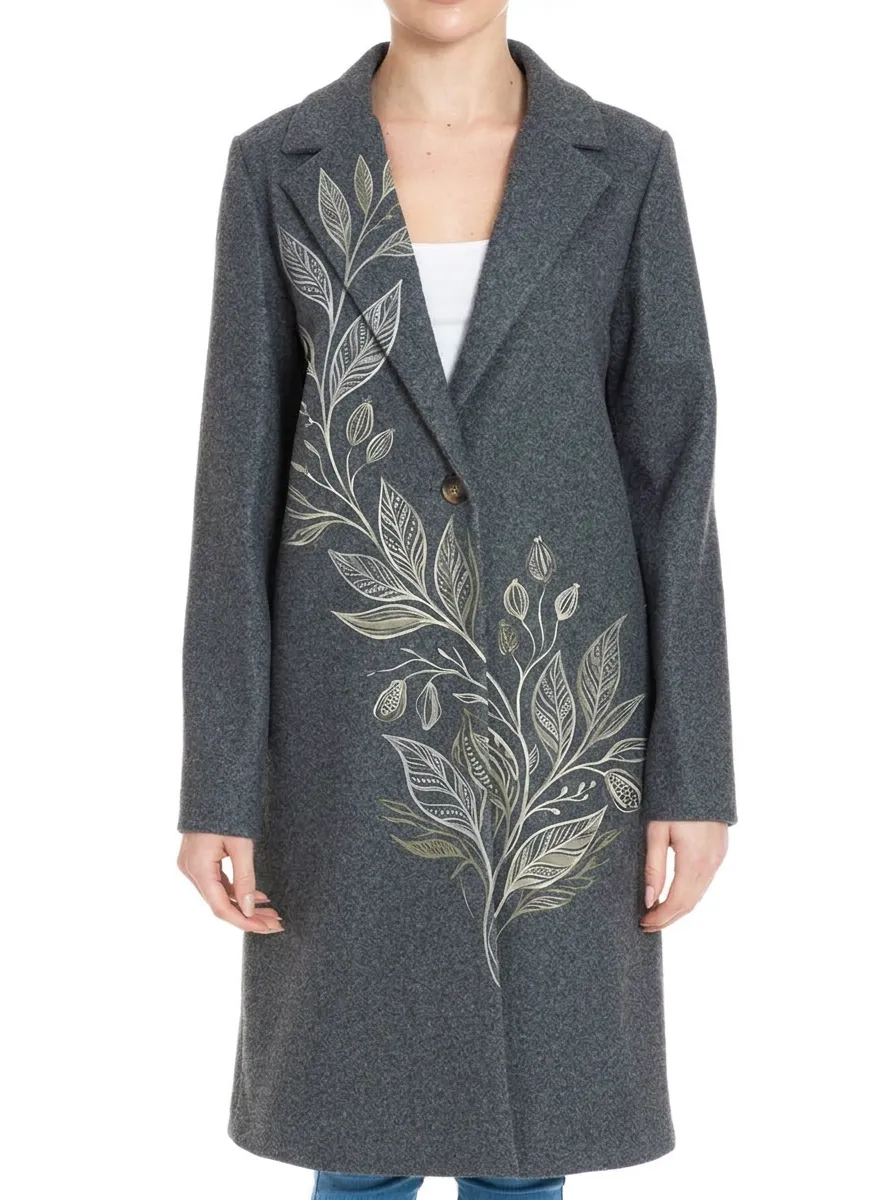 Women's Botanical Nature Lover Leaf Printed Wool Coat