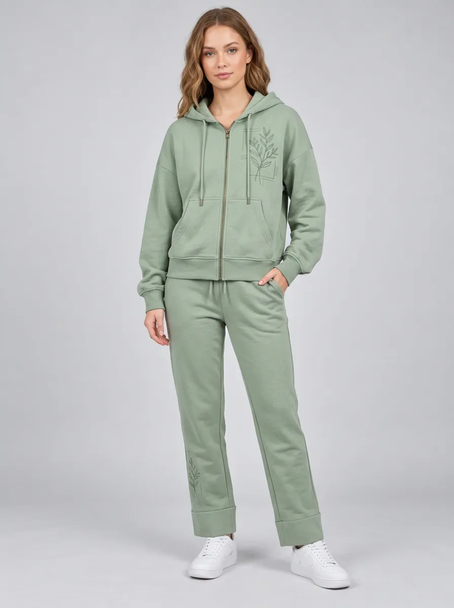 Women's Sage Green Straight-Leg Joggers Cuffed Joggers Zip-Up Hoodie Jacket & Jogger Set