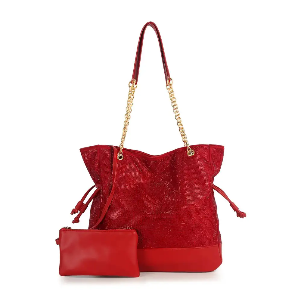Crystal Accent Chain Accent Pocketed Faux Leather Tote Bag Set