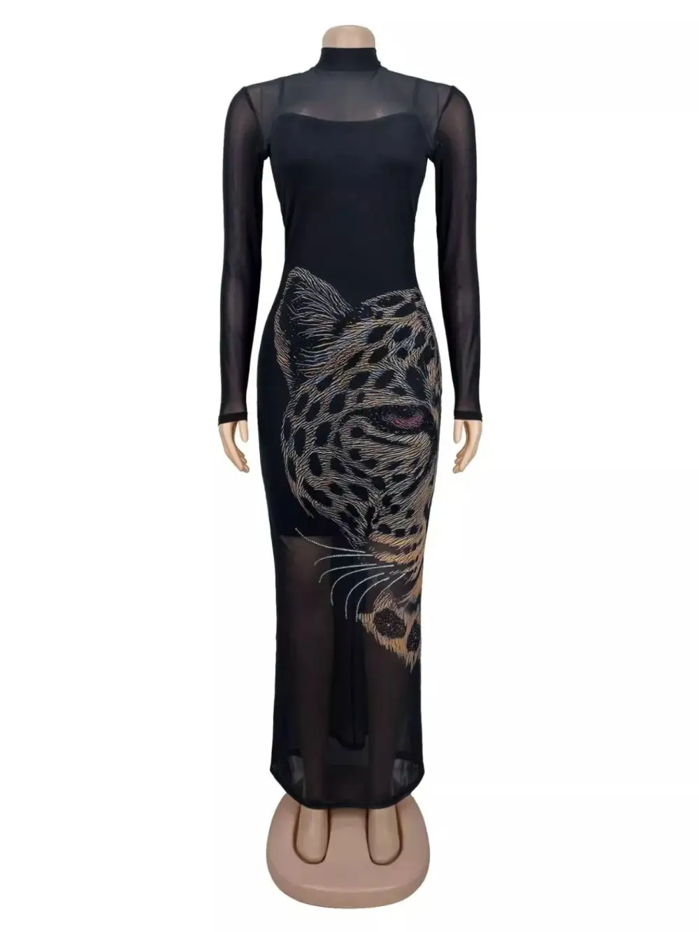 Leopard Print Mesh Long Sleeve Maxi Dress