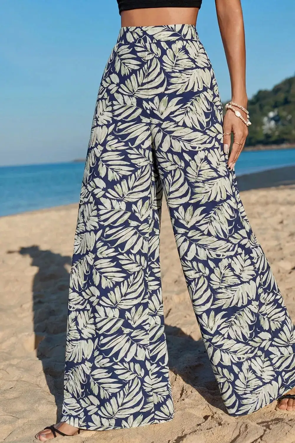 Wide Leg Printed Pocketed Casual Pants