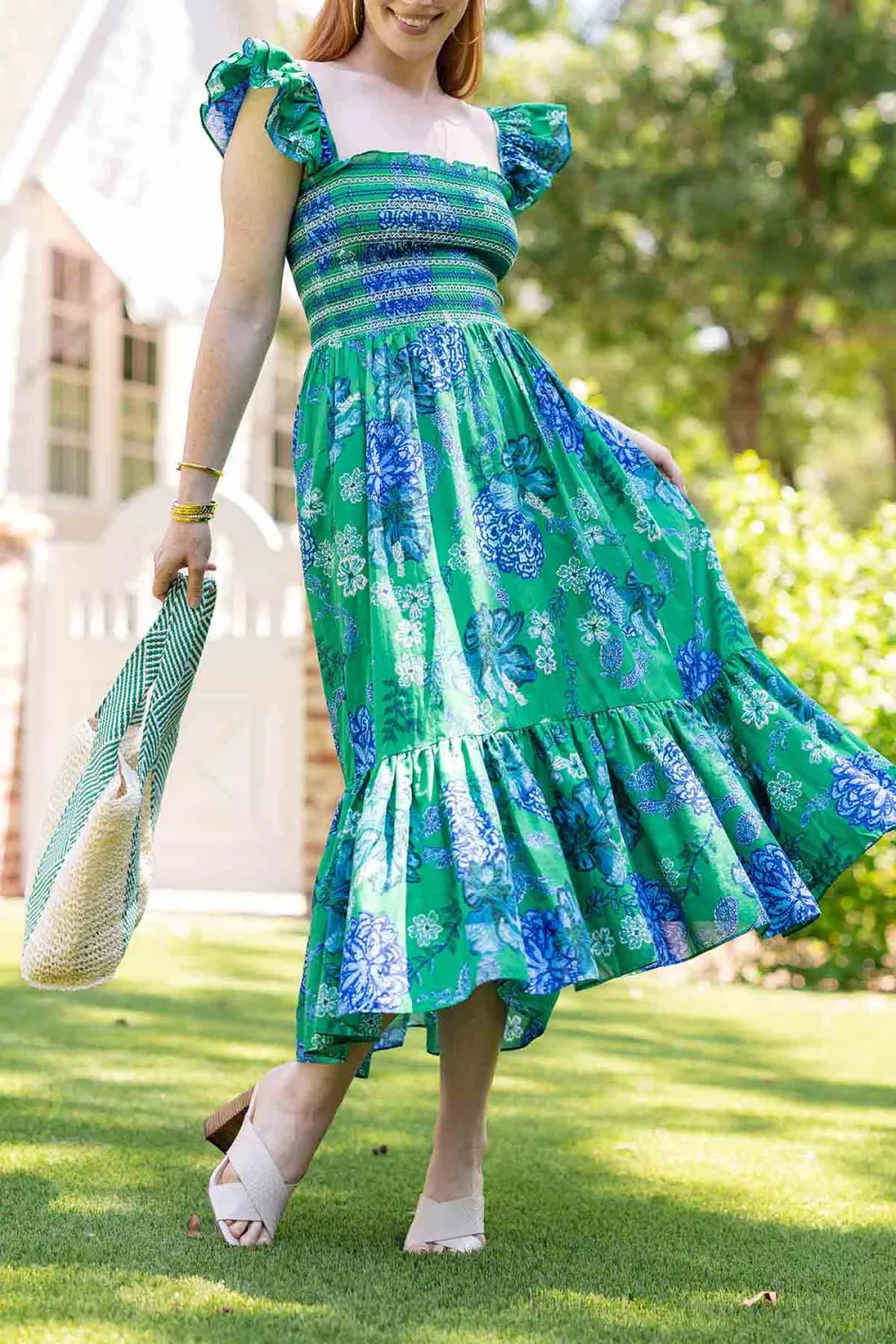 Green Ruffled Hem Flared Maxi Dress