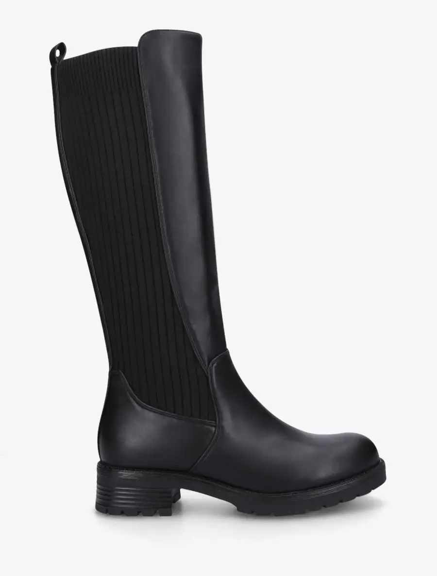 Rugged Stretch Panel Block Heel Faux Leather Knee High Boots
