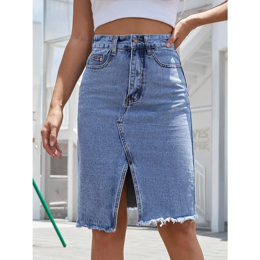 Raw Hem Slit Denim Skirt