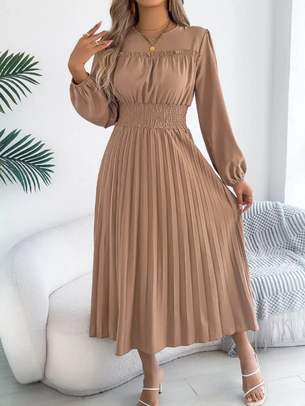 Pleated Smocked Long Sleeve Midi Dress