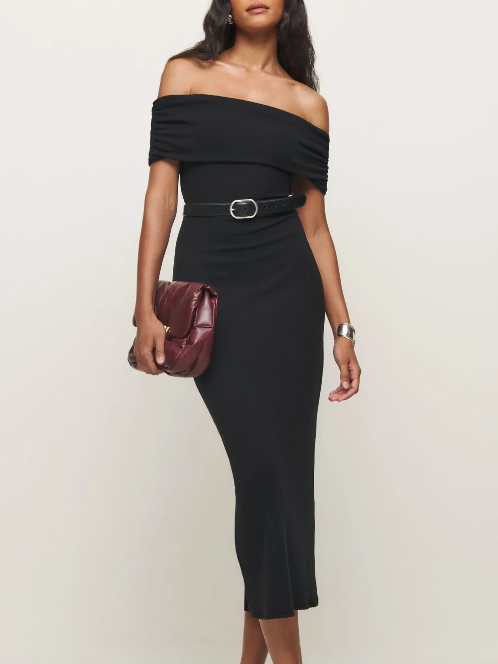 Off Shoulder Belted Midi Dress