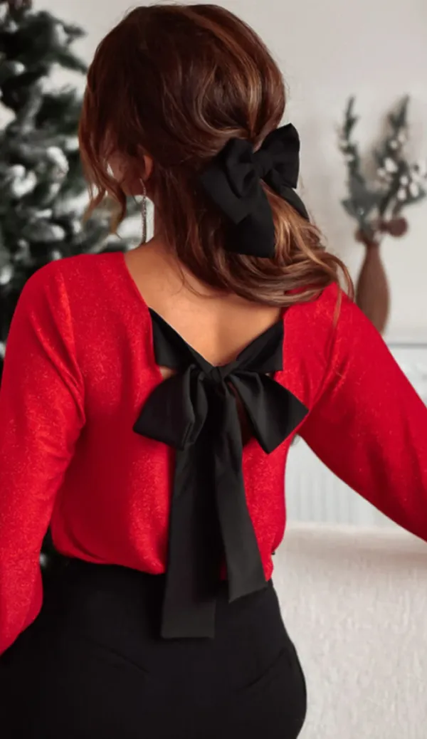 Long Sleeve V Neck Bow Detail Top