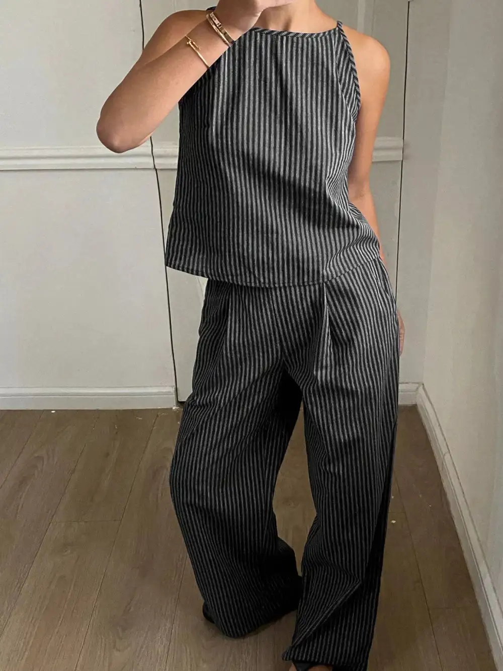 Refined Striped Sleeveless Top and Wide Leg Pants Set