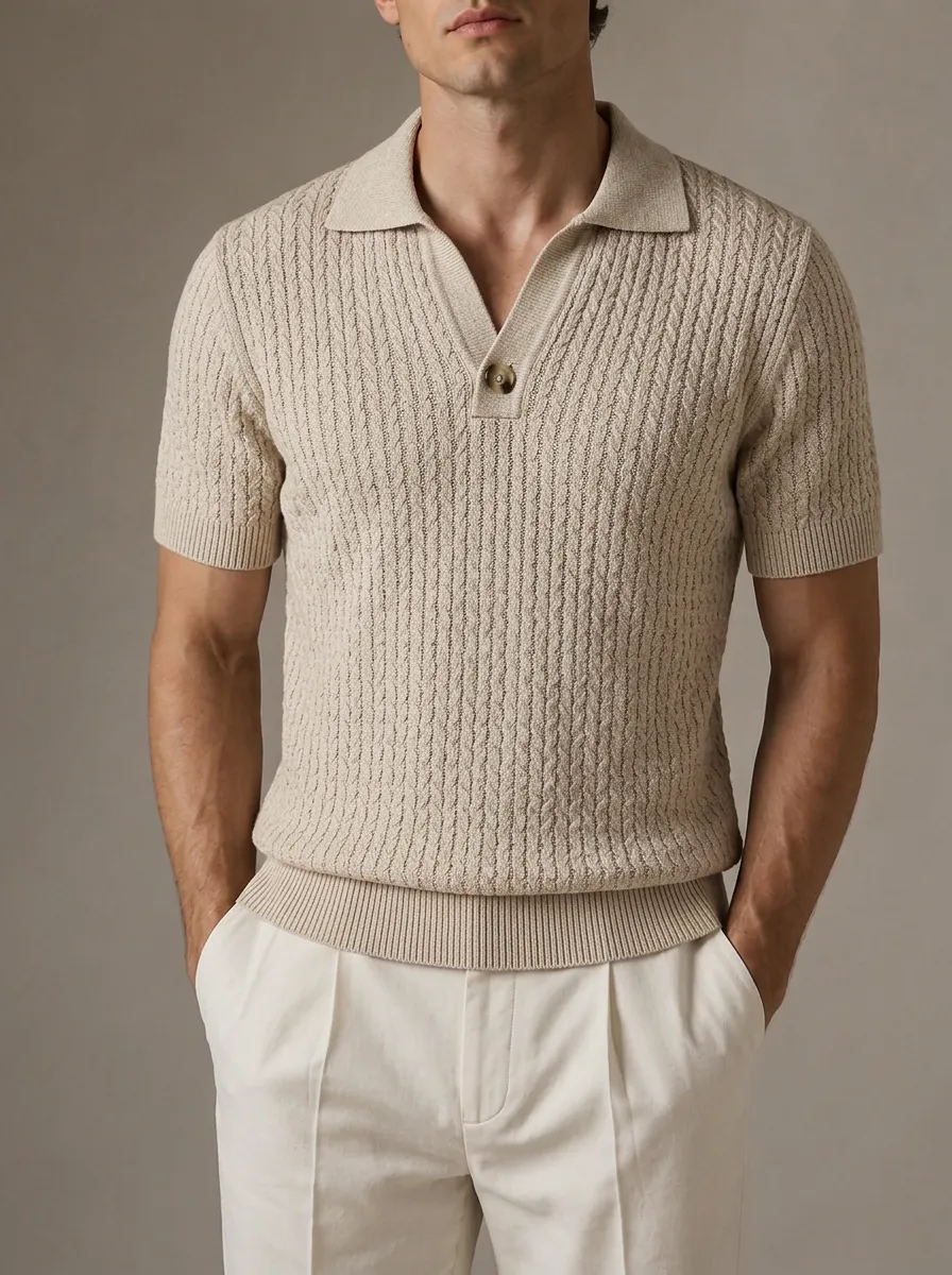 Men's Single Button Cable Knit Open Collar Polo