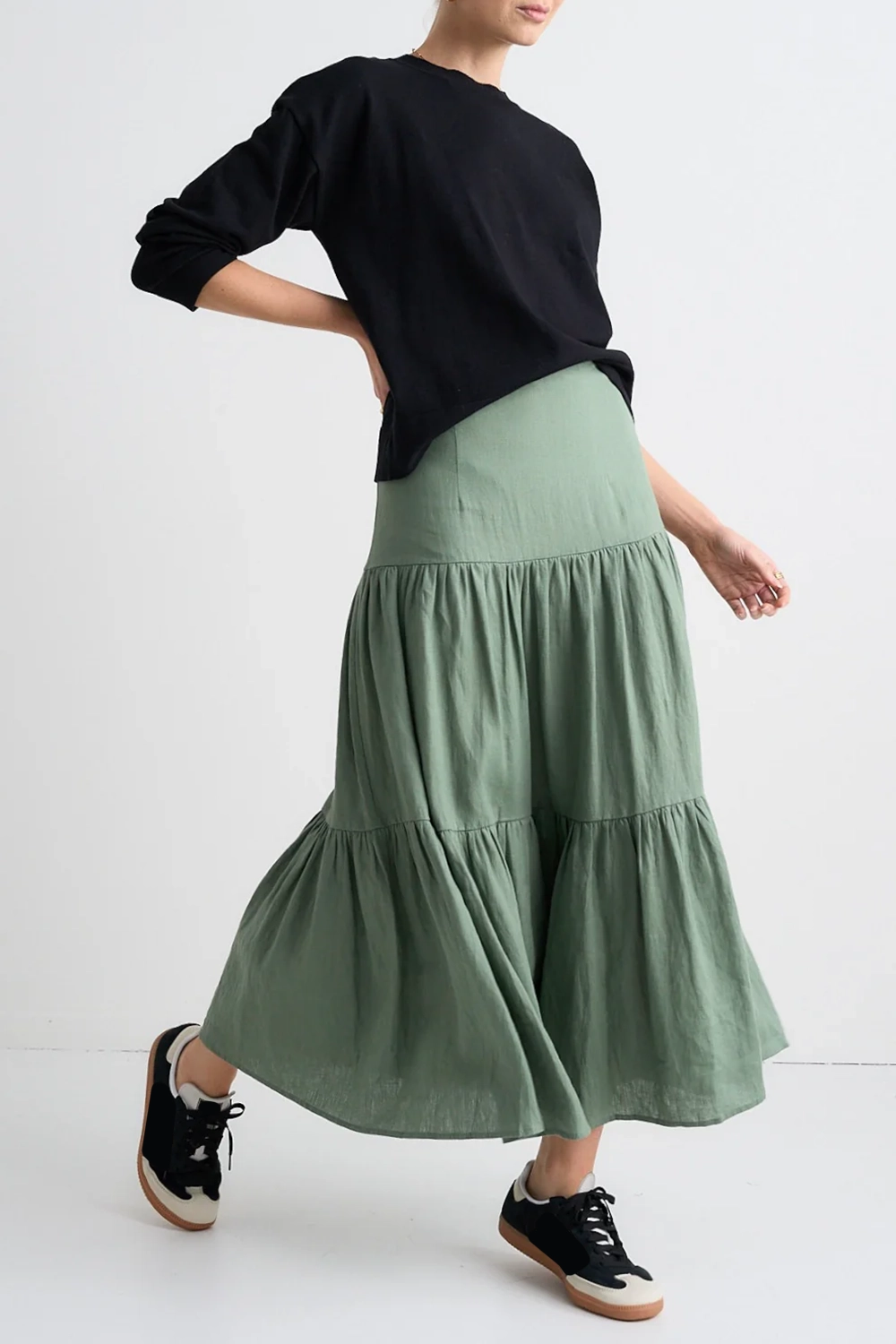 Light Green Tiered Midi Skirt