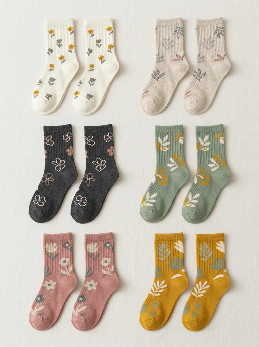 Women's Botanical Leaf Floral Crew Socks Six Pair Set