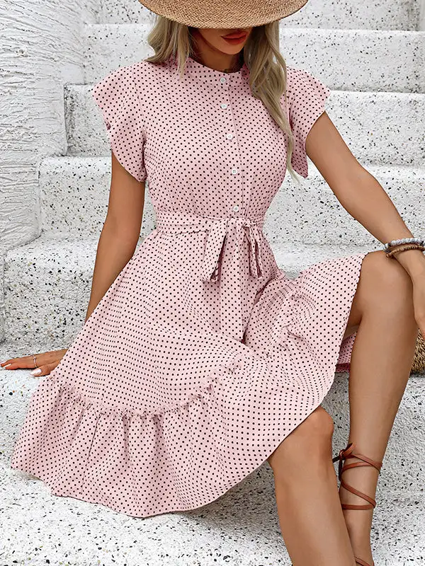 A Line Relaxed Buttoned Pleated Polka Dot Tied Waist Round Neck