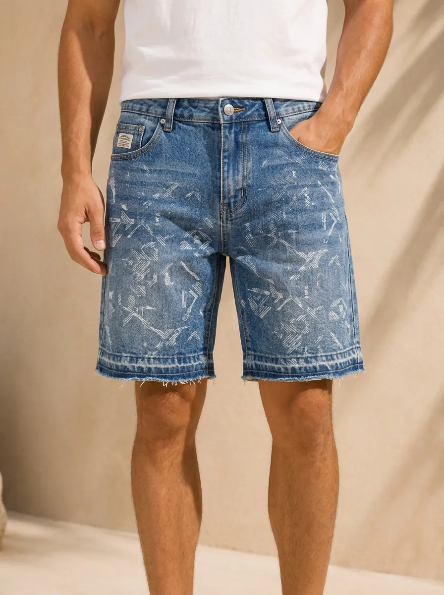 Men's Everyday Denim Casual Streetwear Geometric Pattern Printed Denim Shorts