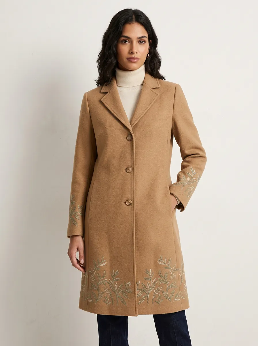 Women's Botanical Floral Embroidered Camel Coat