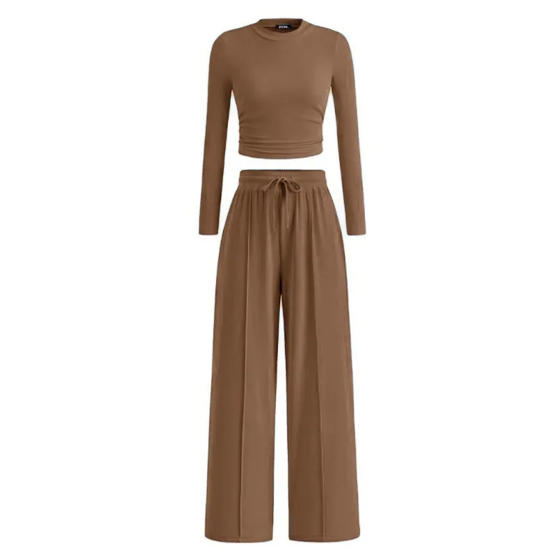 Women's 2-Piece Ribbed Knit Long Sleeve Crop Top Wide Leg Pants Matching Lounge Set Loungewear