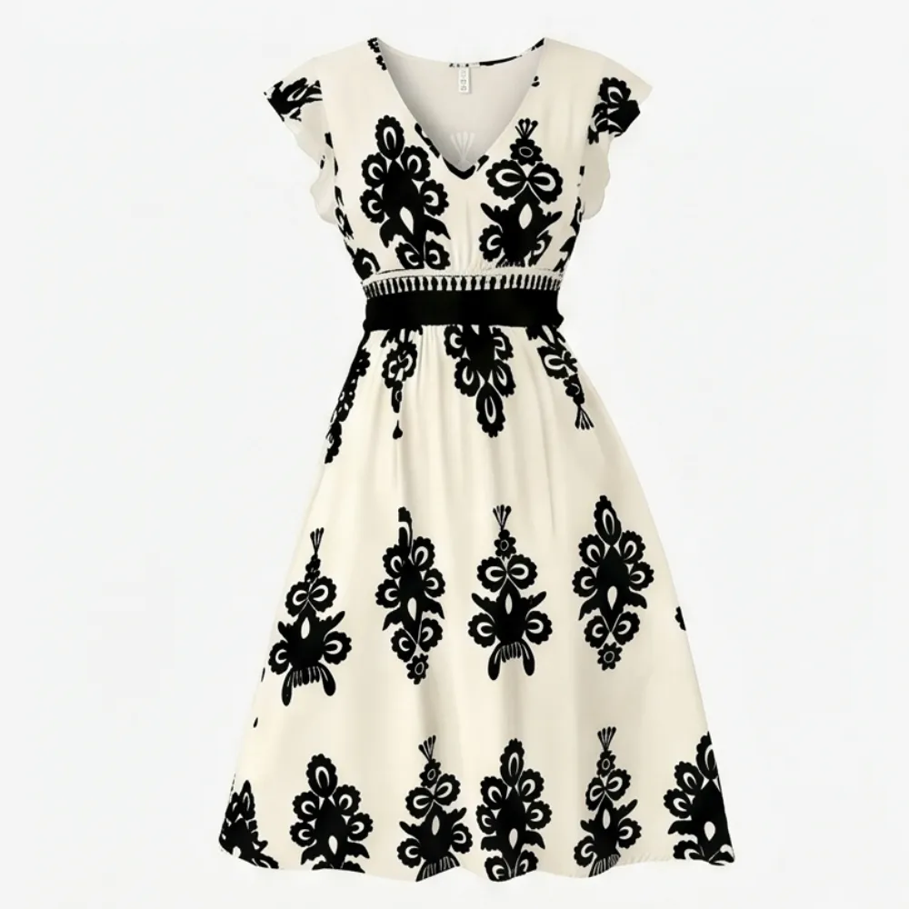 V Neck Printed Damask Midi Dress