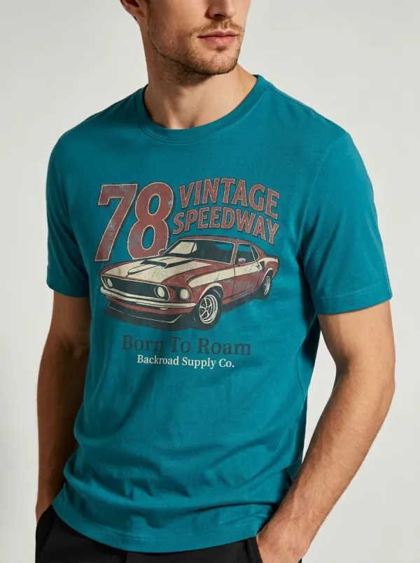 Men's Vintage Speedway Car 78 Born To Roam Printed T-shirt