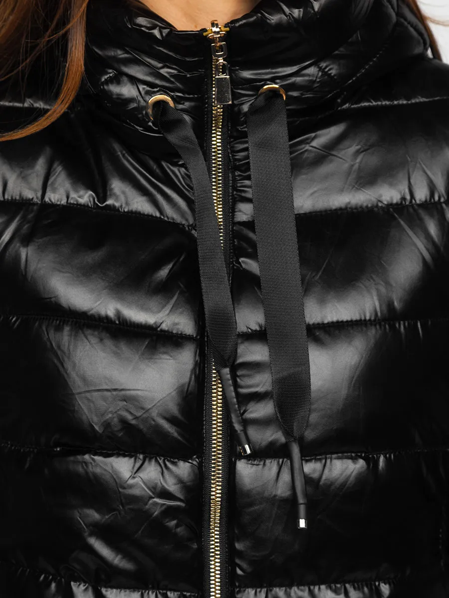 Black Women's Long Quilted Winter Jacket With Hood