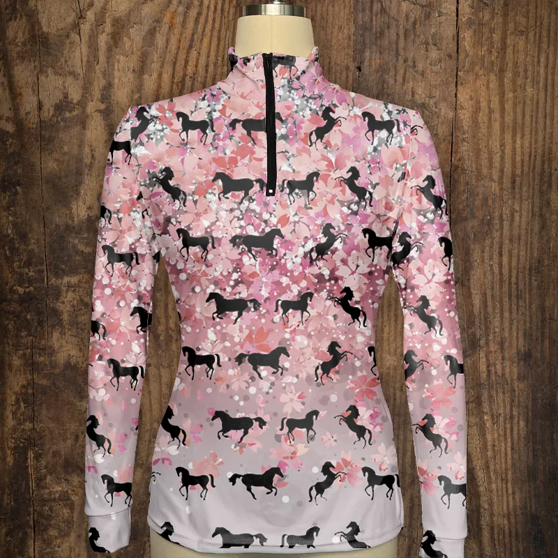 Spring, Summer, Autumn and Winter Women's Equestrian Style Maple Leaf Horse Print Long Sleeve Casual Shirt