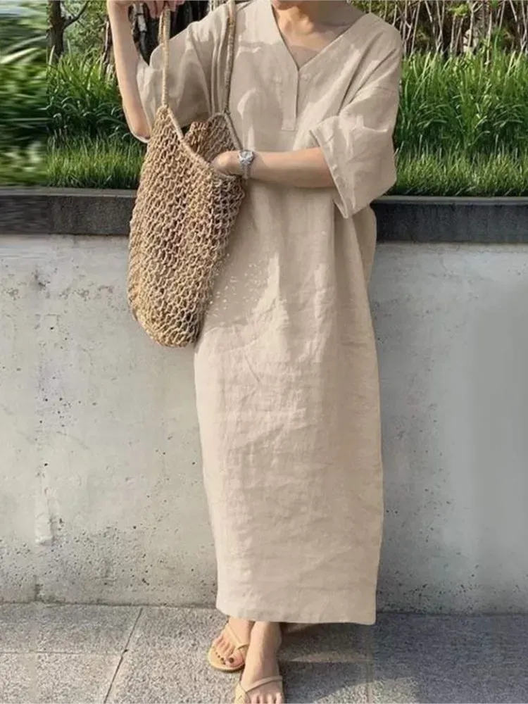 V-Neck Short Sleeve Linen Blend Maxi Dress