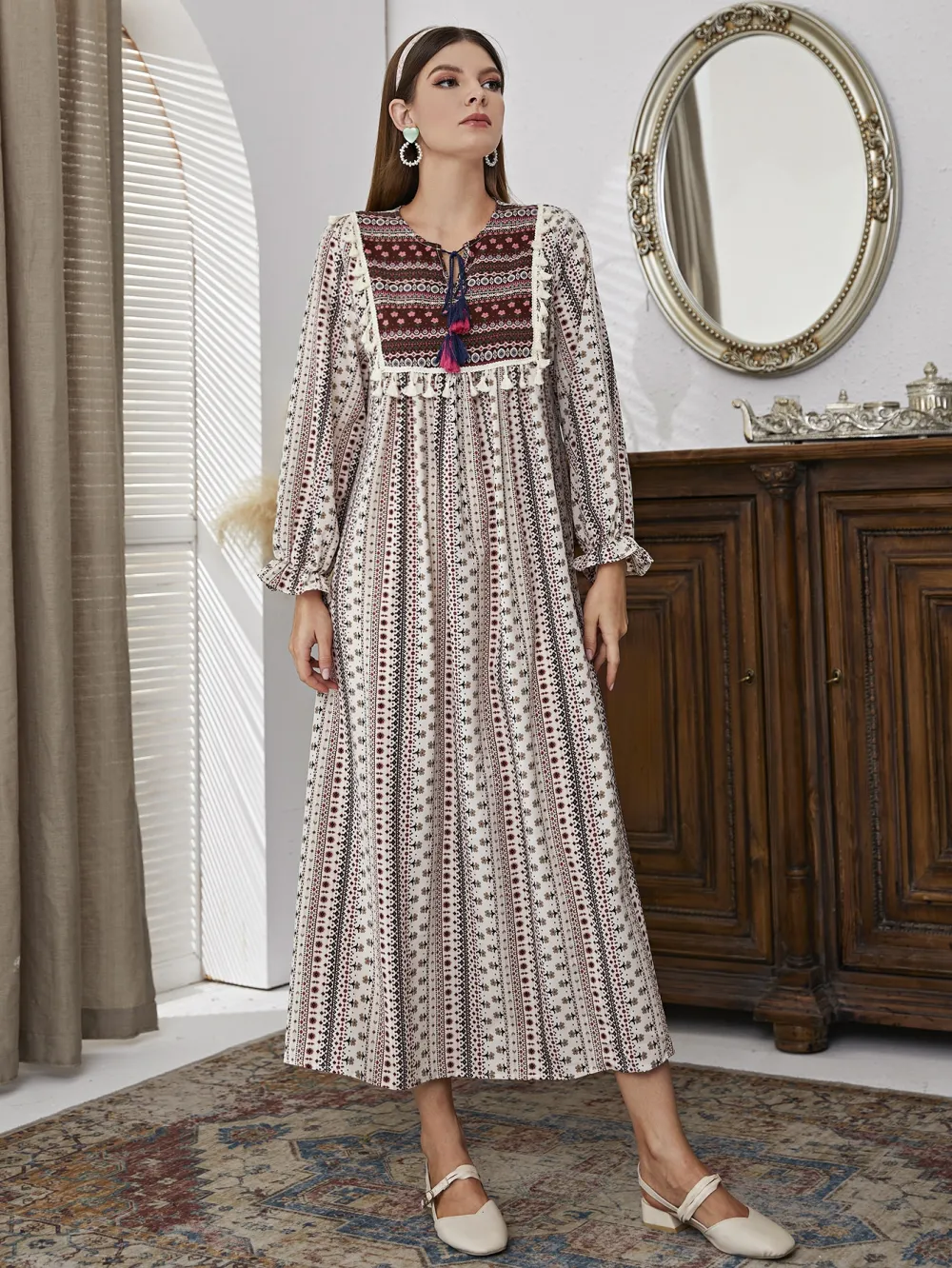 Floral & Geo Print Flounce Sleeve Tassel Trim Tie Neck Dress