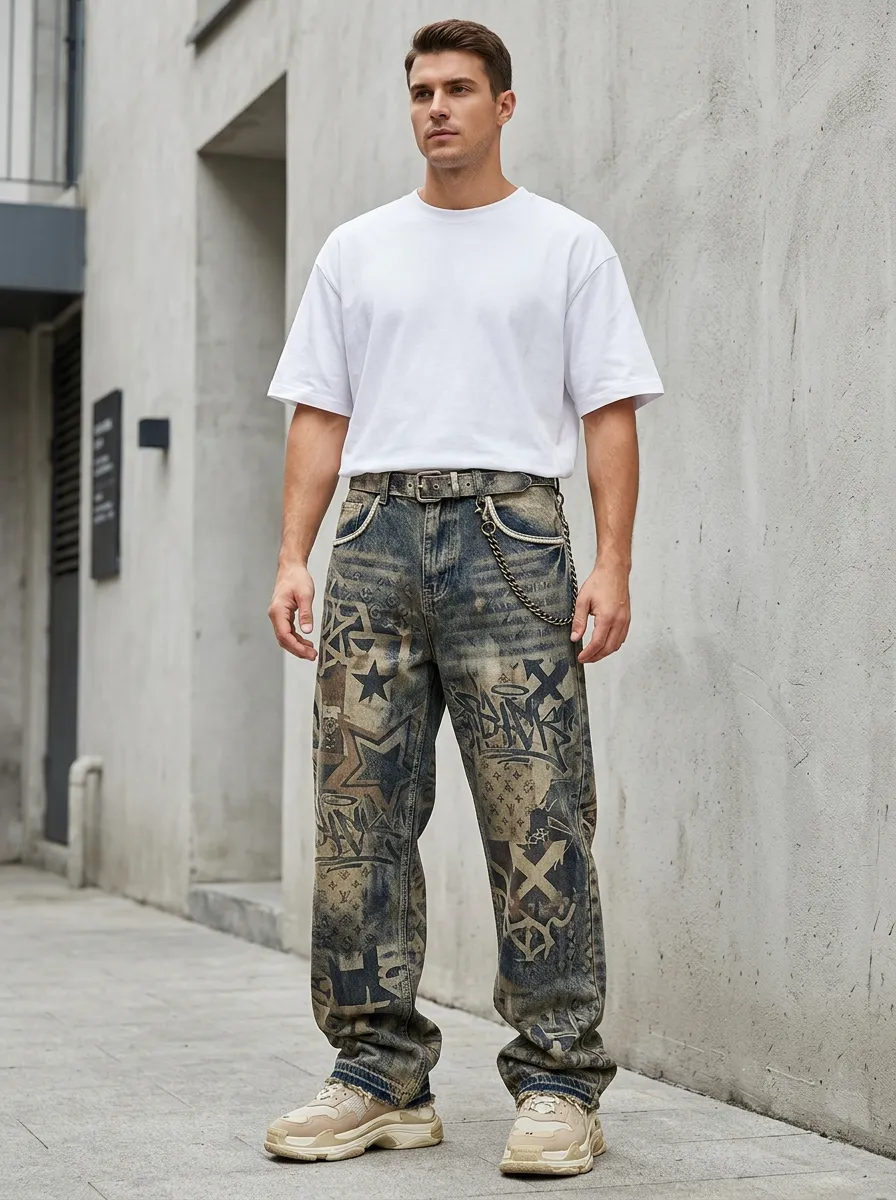 Men's Streetwear Graffiti Star Jeans