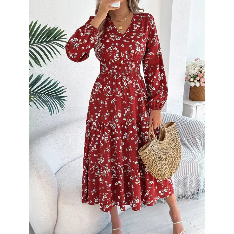 Floral Print Long Sleeve V Neck Midi Dress