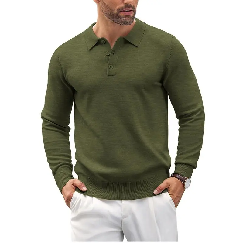 🧵 Men’s Soft Knit Long Sleeve Polo Shirt – Classic Style, Modern Comfort