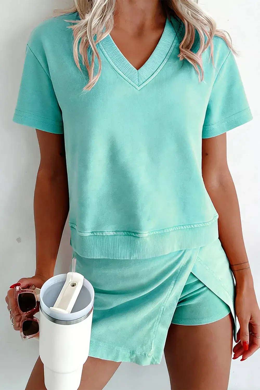 Casual V-NECK Top and Wrap Skort Set Skirt