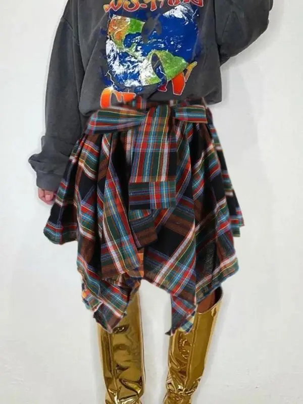 Women's Fashion Style Plaid Print Asymmetrical Hem High Waist Skirt, Casual Comfort Elastic Waist Tiered Layer Knee Length Skirt for Summer Going Out Streetwear, Fashionable Trendy Plaid Skirt, Womenswear Everyday Bottom