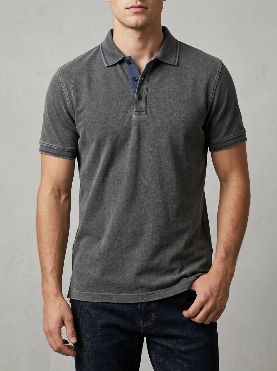 Men's Vintage Washed Charcoal Contrast Collar Polo Shirt