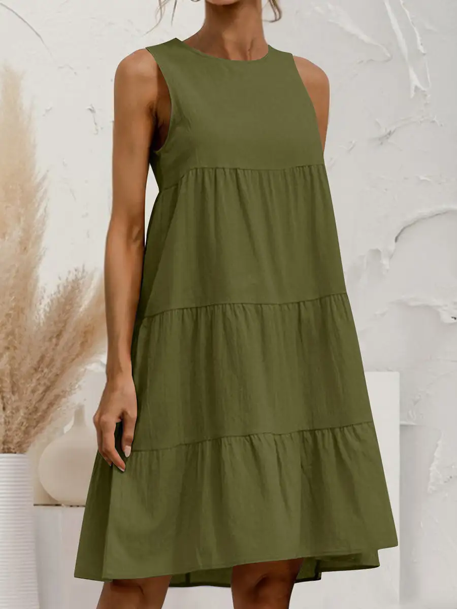 A Line Relaxed Pleated Solid Color Tiered Round Neck Mini Dress
