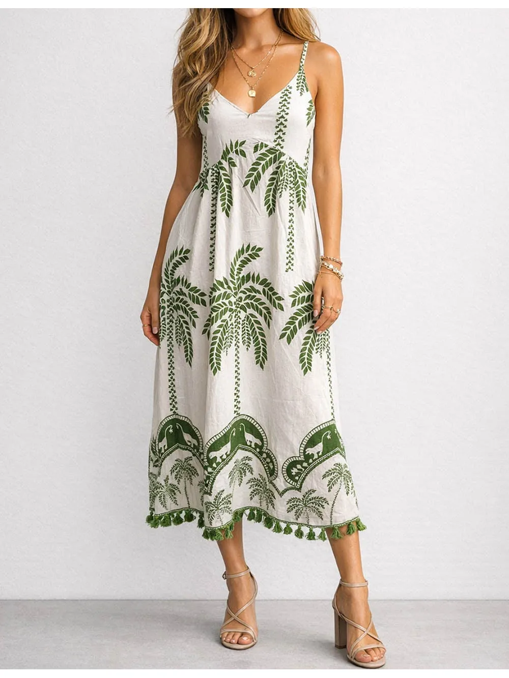 Palm Tree V Neck Spaghetti Strap Midi Dress