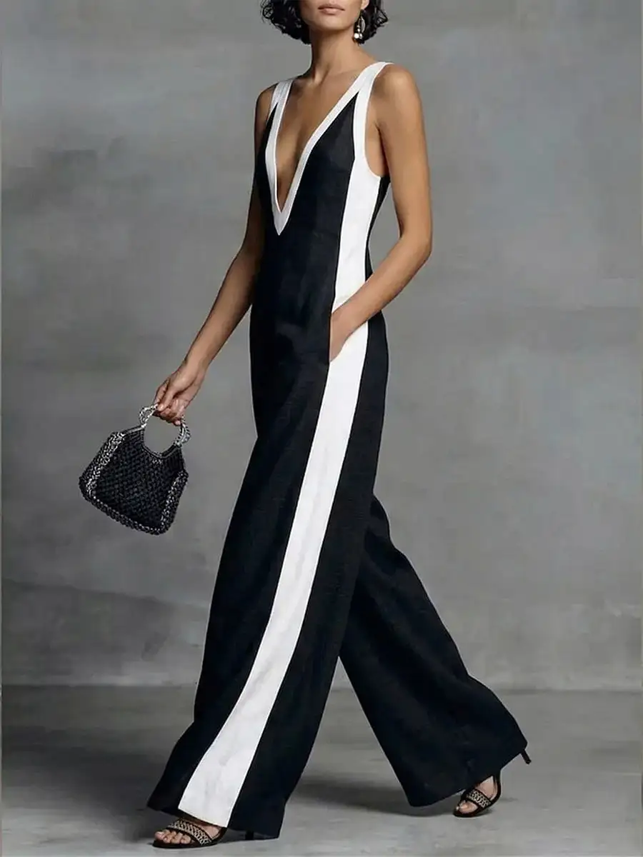 Jumpsuits Met Hoge Taille Losse Contrasterende Kleuren Zakken