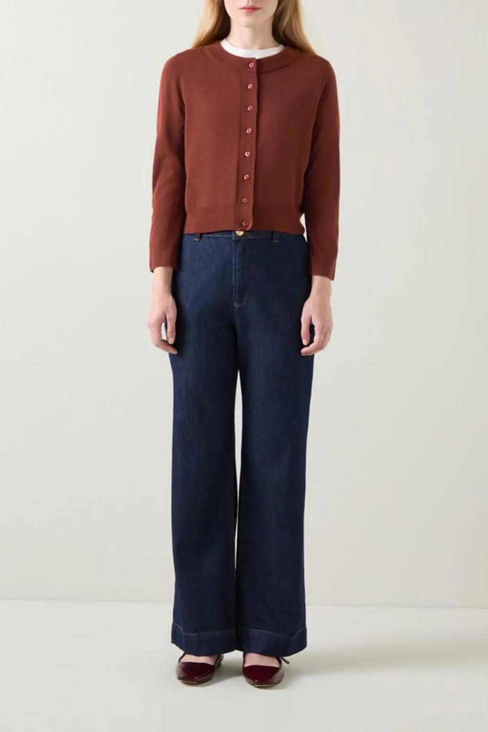 Rust Colored Cropped Button Front Knit Cardigan