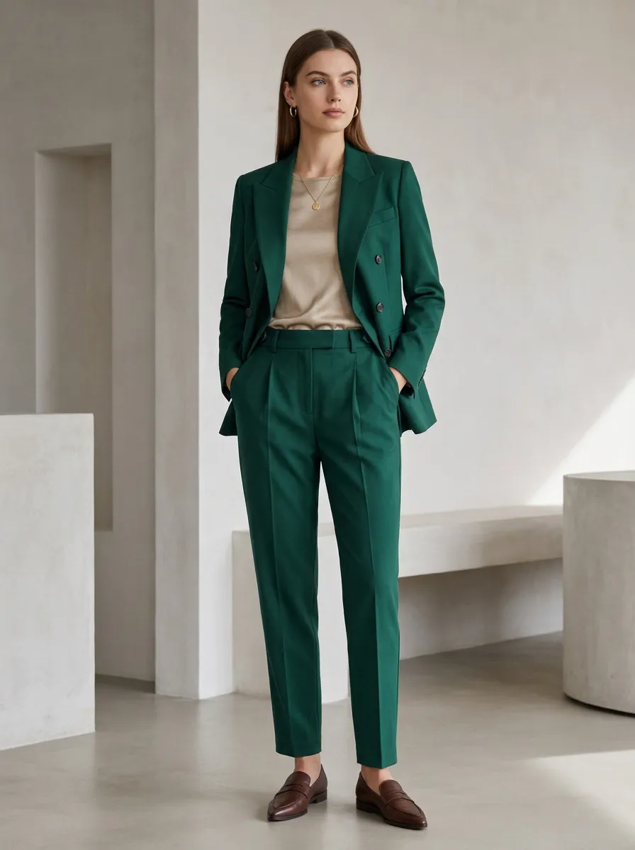 Women's Business Professional Dark Green Double-Breasted Blazer Suit Set