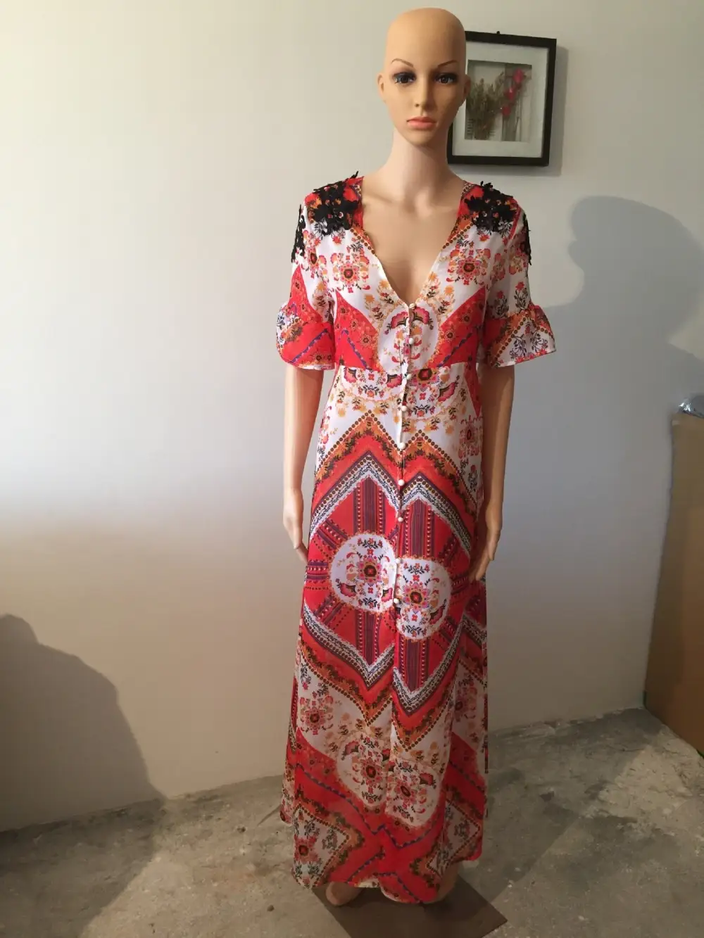 New Printed V Neck Short Sleeve High Split Maxi Dress
