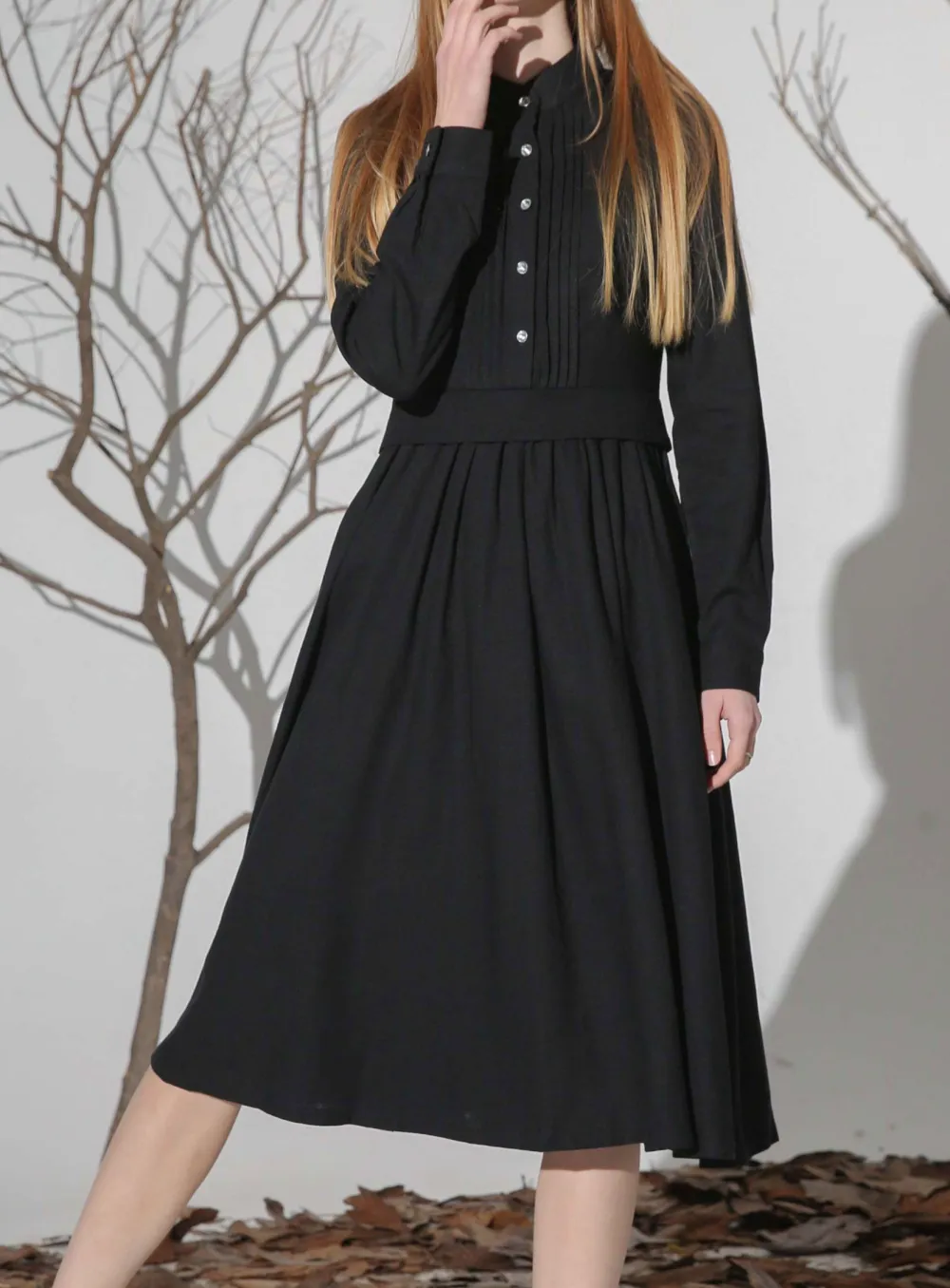 Refined Linen Shirt Pleated Long Sleeve Midi Dress