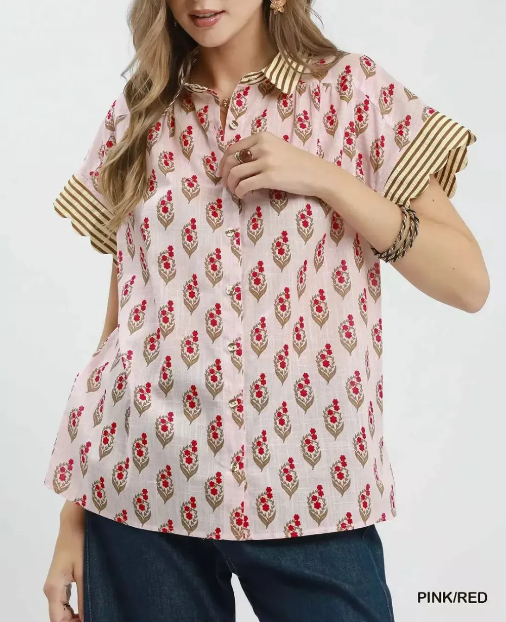 Block Floral Print Button-Front Flutter Sleeve Ruffle Cuff Contrast Top