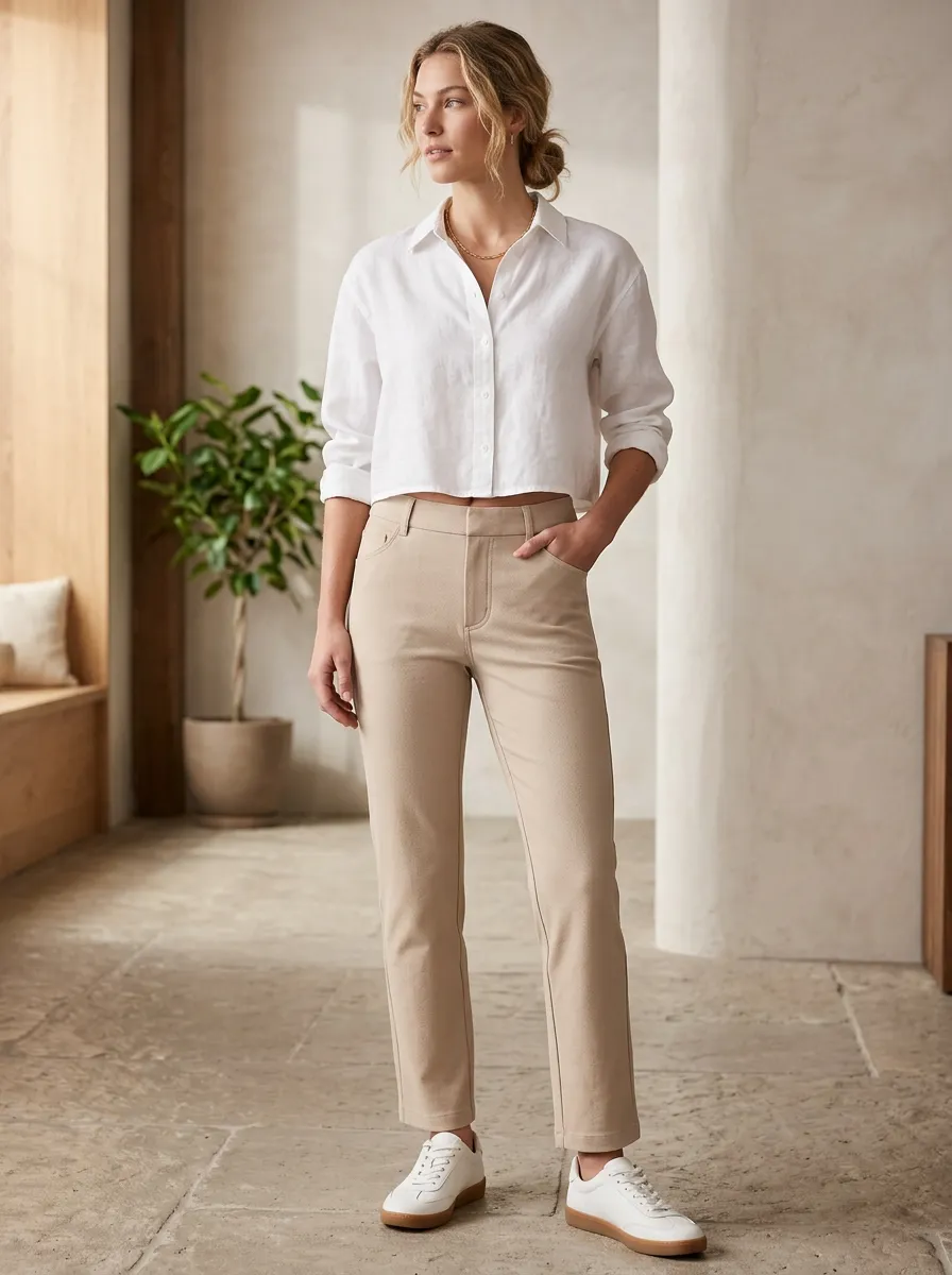 Women's Casual Minimalist Beige Solid Color Slim Fit Pants
