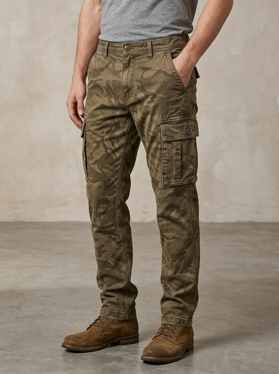 Men's Camouflage Cargo Pants with Button Zip Fly Detail
