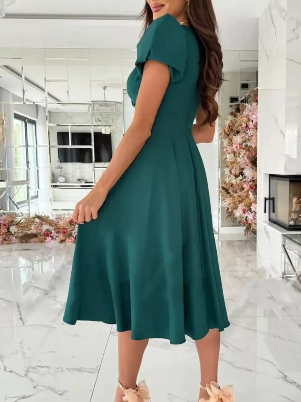Surplice Puff Sleeve Belted Midi Dress