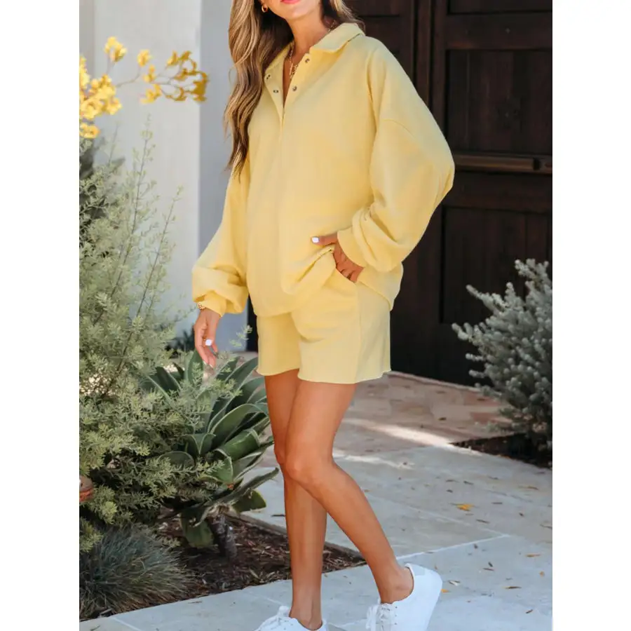 Button Collar Drop Shoulder Top and Shorts 2pcs Set