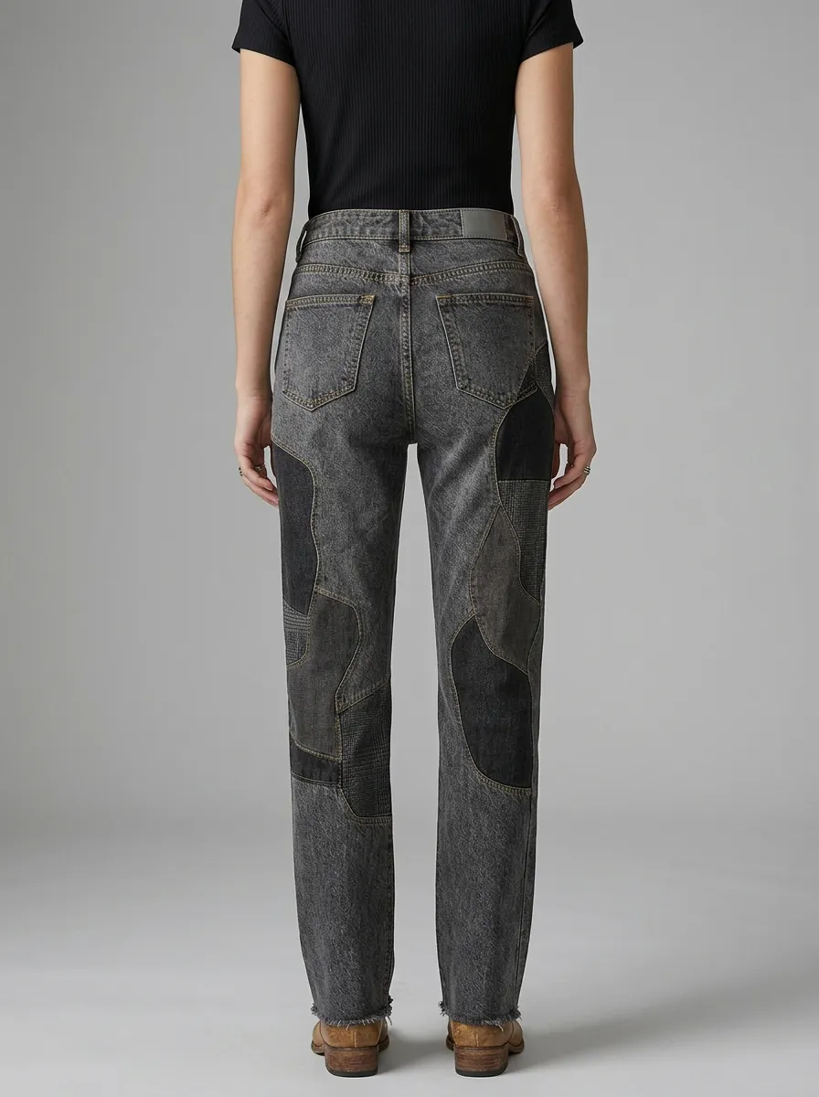 Women's Western Style Grey Patchwork Printed Jeans
