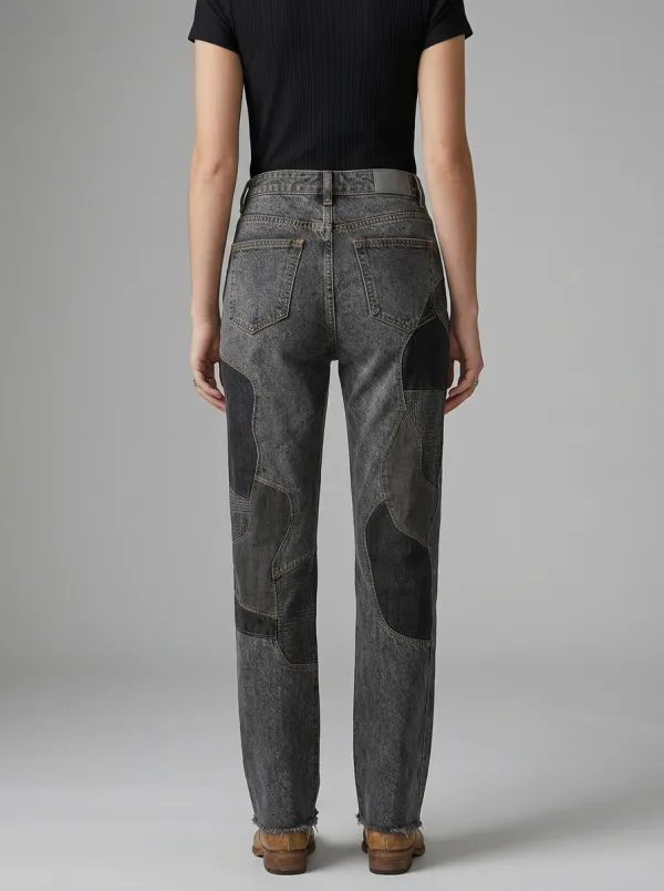 Women's Western Style Grey Patchwork Printed Jeans