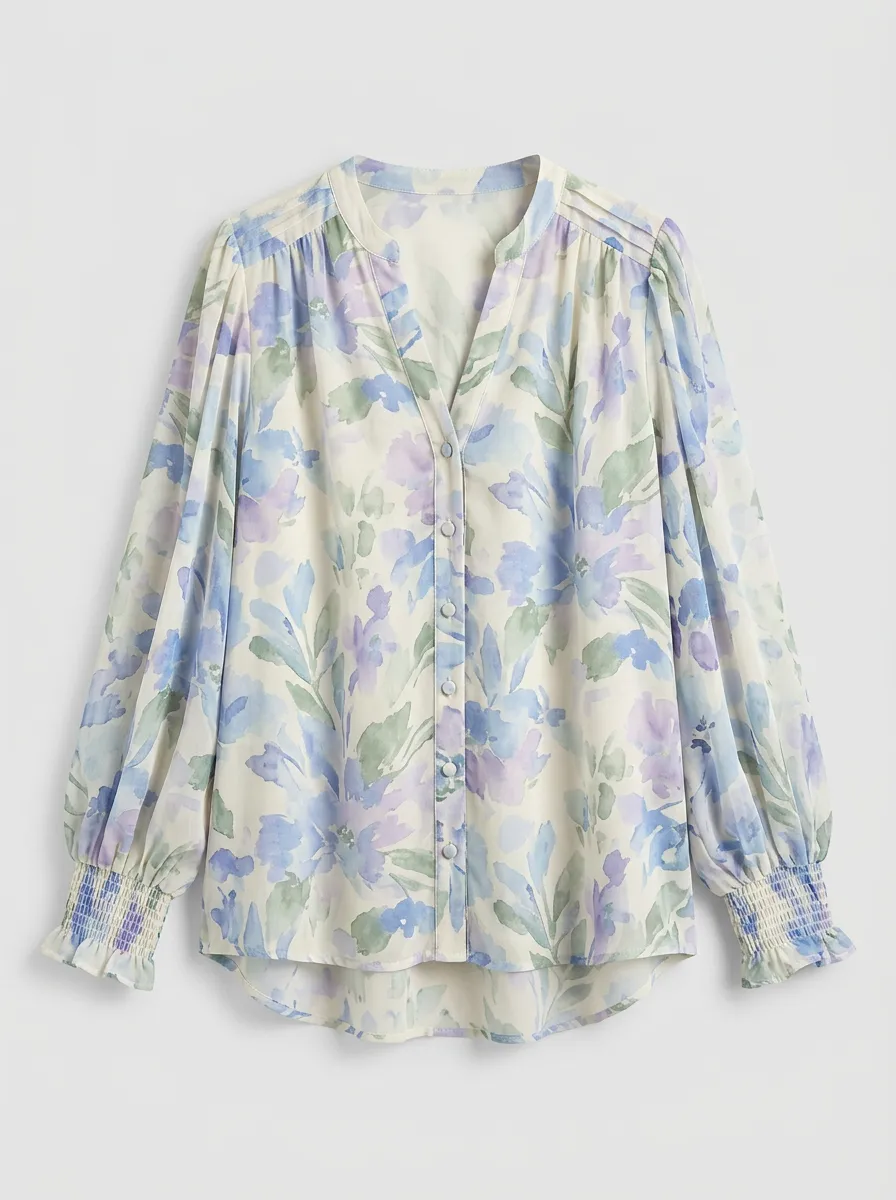 Women's Floral Watercolor Print V-Neck Smocked Cuff Blouse